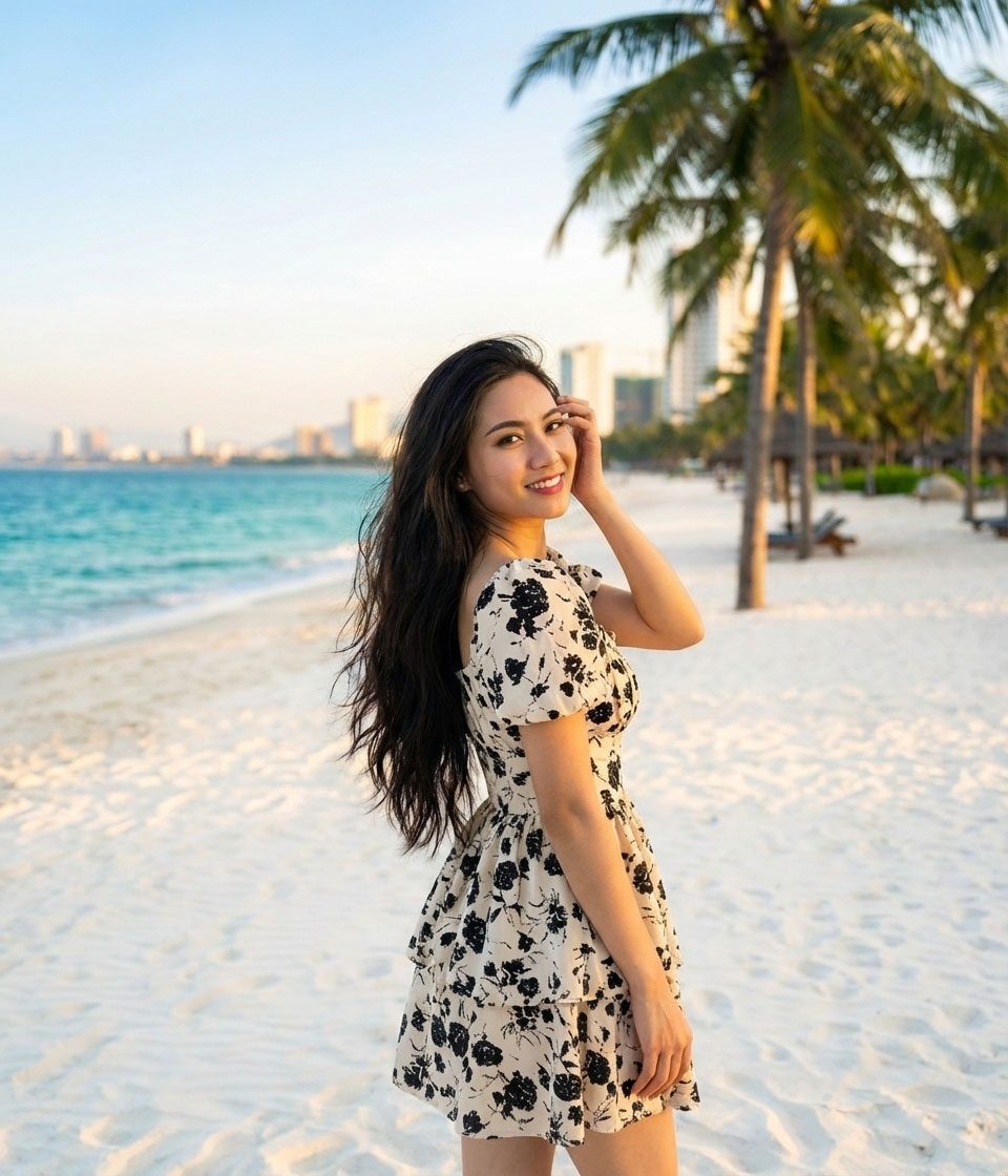 replace the womans outfit with the floral dress f 1769612167121